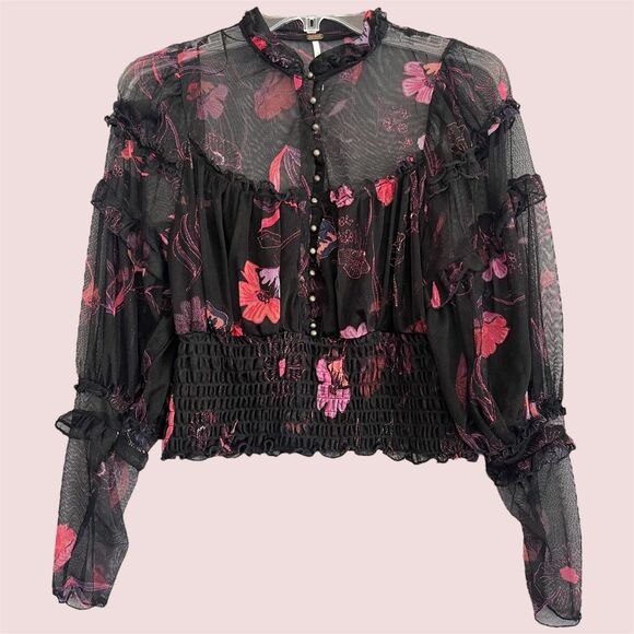 Free People Whimsigoth Sheer Mesh Smocked Top Womens S Dark Romance Fairy Witchy - Picture 1 of 14